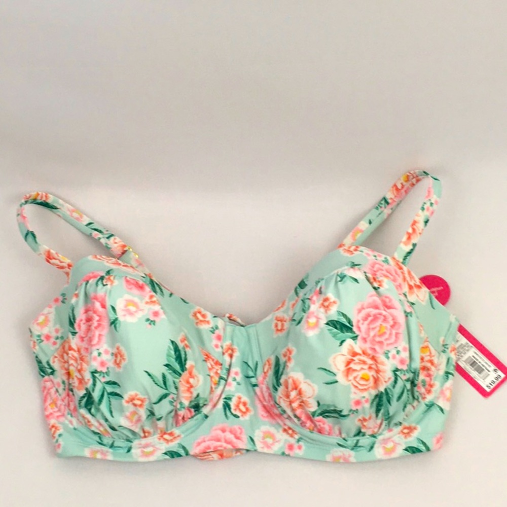 Xhilaration Mint Green & Pink Floral Underwire Bikini Top Adjustable Corset Back